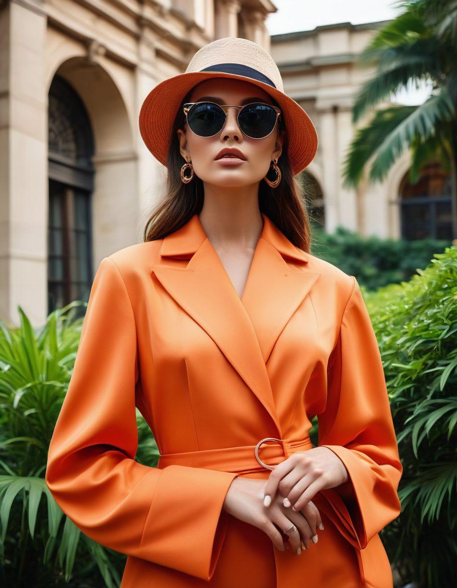 A glamorous fashion scene featuring a diverse group of stylish individuals showcasing elegant outfits in a chic urban setting. Include a striking backdrop of modern architecture and lush greenery, highlighting different styles that exude allure and sophistication. Incorporate vibrant colors and accessories like oversized sunglasses, hats, and statement jewelry. Capture the essence of confidence and trendiness, with dynamic poses and expressions. super-realistic. vibrant colors. urban backdrop.