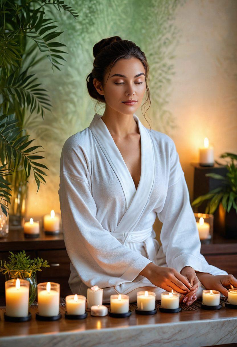 A serene woman in a luxurious spa setting, surrounded by candles, essential oils, and lush plants, radiating confidence and glamour. She’s dressed in an elegant robe, engaging in a self-care ritual with a backdrop of soft pastel colors and gentle candlelight. Incorporate elements of zen and tranquility to represent wellbeing and transformation. The atmosphere should feel warm, inviting, and rejuvenating. super-realistic. vibrant colors. calming ambiance.